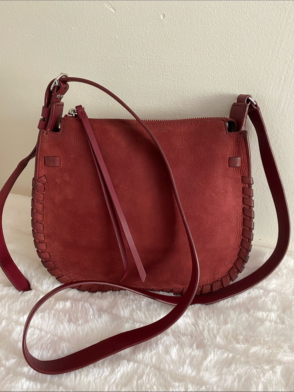 All Saints Mori Whipstitch Suede Crossbody Bag in Maroon